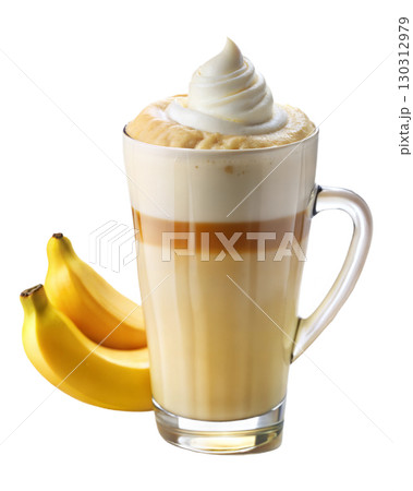Banana Latte with Light Yellow Milk Foam Isolated on White Background 130312979