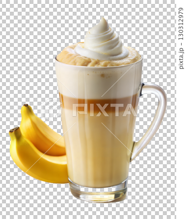 Banana Latte with Light Yellow Milk Foam Isolated on White Background 130312979