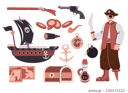 Collection of pirates objects and characters set includes pirate character ship treasure chest weapons like pistol and rifle, and other items like a telescope fun cartoon style illustration 130313122