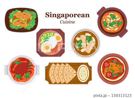 Popular Singaporean dishes food illustration. The collection features various traditional foods such as chili crab laksa satay nasi lemak prata roti toast and fish head curry oyster omelete 130313123