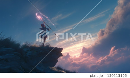 崖の上で杖を掲げる幻想的な魔法少女 130313196