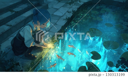 光る池で魚と戯れる幻想的な少女 130313199