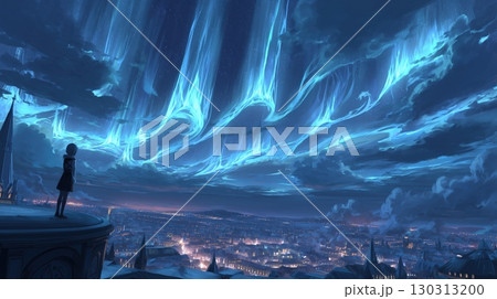都市の空を彩る青いオーロラと少女 130313200