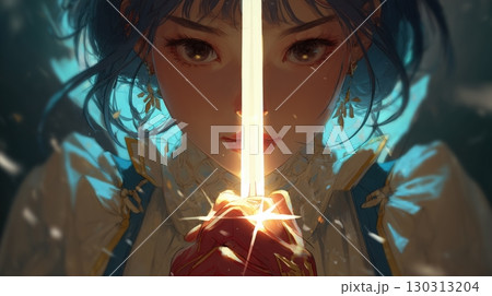 光輝く剣を掲げる幻想的なアニメ少女 130313204
