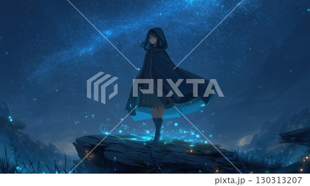 星空に佇むマント姿の幻想的な少女 130313207