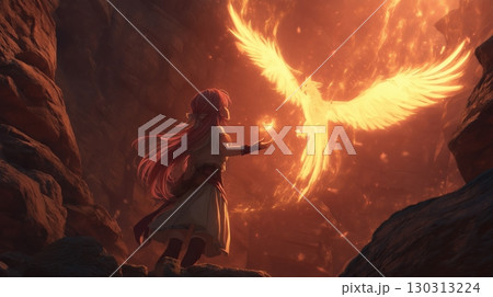 炎の峡谷で鳳凰と出会う幻想的なアニメ少女 130313224