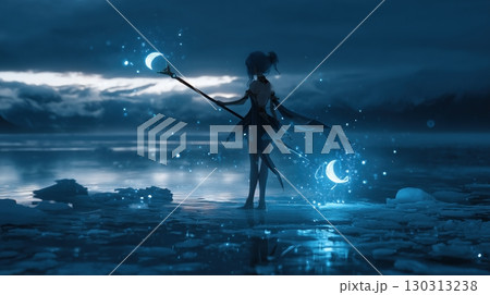 氷湖の上で三日月の杖を掲げる魔法少女の幻想 130313238