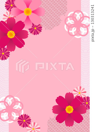 かわいいピンクのコスモスの和風カード・はがきテンプレート 130313241