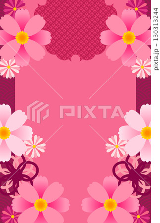 かわいいピンクのコスモスの和風カード・はがきテンプレート 130313244