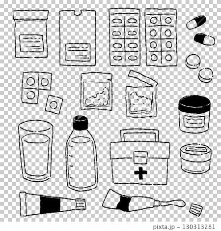 手描きラフテイストの様々な薬のベクターイラストセット(モノクロ線画) 130313281