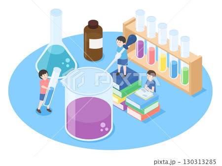 水溶液の実験をしている子供たちのアイソメトリックイラスト 130313285