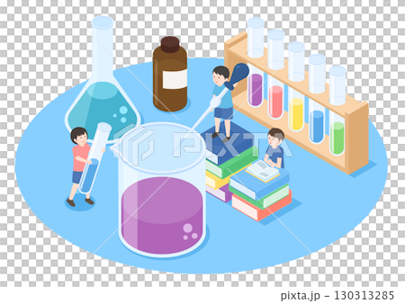 水溶液の実験をしている子供たちのアイソメトリックイラスト 130313285