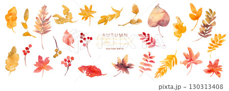 水彩画。水彩タッチの絵の具と枯葉の秋ベクターフレーム。紅葉のイラスト。秋の葉っぱの背景。 130313408