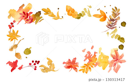水彩画。水彩タッチの絵の具と枯葉の秋ベクターフレーム。紅葉のイラスト。秋の葉っぱの背景。 130313417