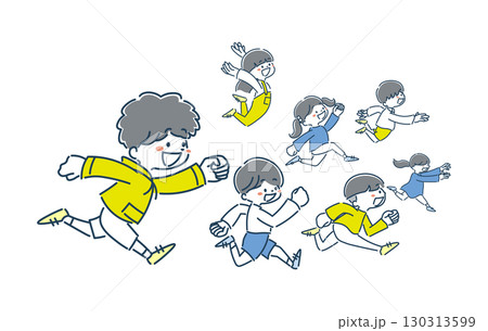 目標に向かって走る子供たちのシンプルでおしゃれな線画イラスト素材 目標に向かって走る子供たちのシンプルでおしゃれな線画イラスト素材 130313599