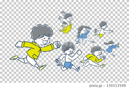 簡單而時尚的線條插圖，描繪孩子們奔向目標 130313599