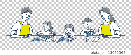 Illustration material of a smiling girl and boy kindergartener and nursery teacher making crafts Illustration material of a smiling girl and boy kindergartener and nursery teacher making crafts 130313624