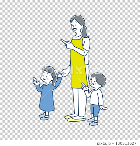 一個女孩和男孩幼兒園兒童和保育老師微笑著手牽手的插畫素材 130313627