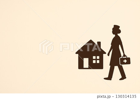 訪問看護イメージ　家と看護師シルエットのミニマルイラスト 130314135