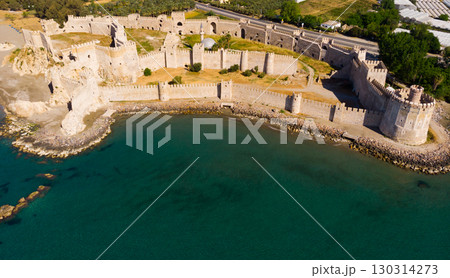 Aerial view of ancient Mamure Castle on Mediterranean coast, Turkey 130314273