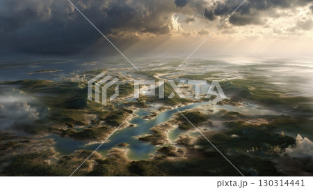 光差す広大な川と湿地帯の幻想風景 130314441