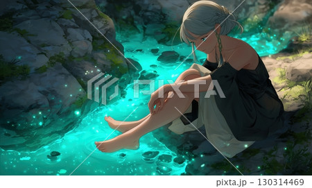 光る小川のほとりで座る少女の幻想風景 130314469
