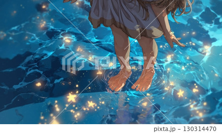 水面に立つ少女と光る星の幻想イラスト 130314470