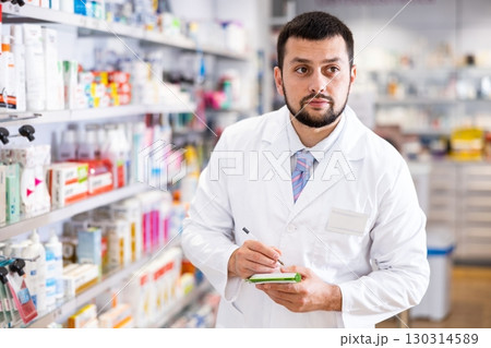 Portrait of male pharmacist working in drugstore 130314589
