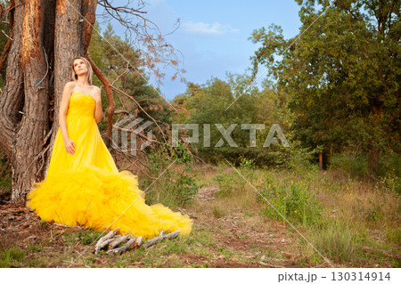 An Elegant Woman Dressed in a Beautiful Yellow Dress, Surrounded by Natures Abundant Bounty An Elegant Woman Dressed in a Beautiful Yellow Dress, Surrounded by Natures Abundant Bounty 130314914