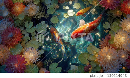 色鮮やかな鯉と花が彩る幻想的な池の風景 130314948