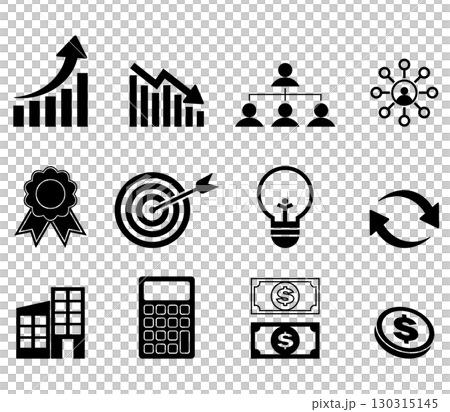 Business, economy, company profile and money icon set. profit, organization, goal, budget, transaction, connection, award illustration element set 130315145