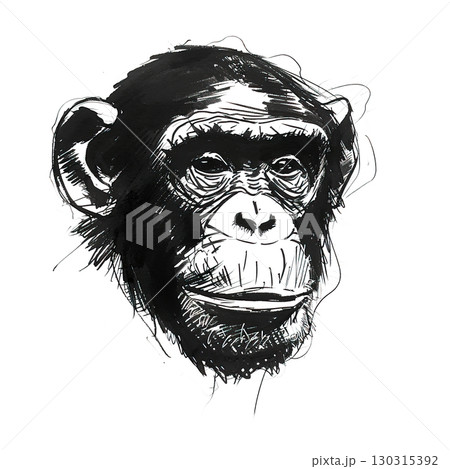 Black and white charcoal sketch of contemplative chimpanzee monkey., Expressive Wildlife Art Portrait. Animals. 130315392