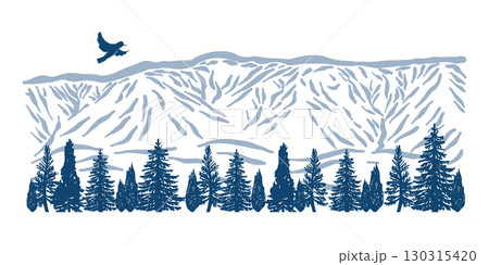 会津駒ヶ岳の山の景色。針葉樹林の森と鳥。 130315420