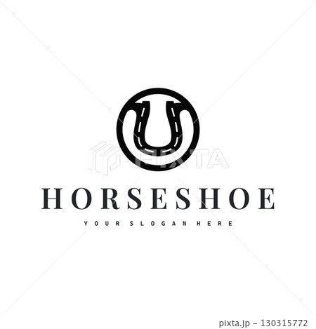 Horseshoe logo with minimalist black silhouette design as a symbol of horse ranch and blacksmith symbol logo template illustration concept for brand or poster 130315772