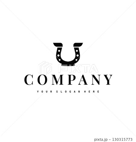 Horseshoe logo with minimalist black silhouette design as a symbol of horse ranch and blacksmith symbol logo template illustration concept for brand or poster 130315773