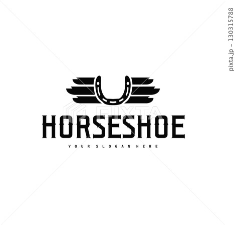 Horseshoe logo with minimalist black silhouette design as a symbol of horse ranch and blacksmith symbol logo template illustration concept for brand or poster 130315788