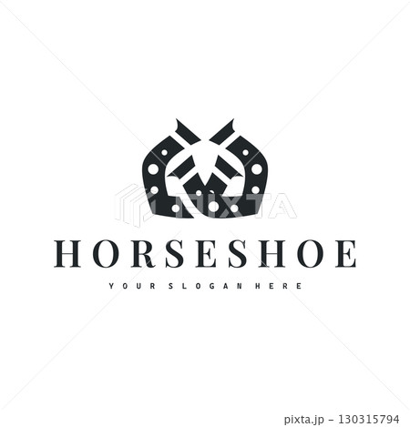Horseshoe logo with minimalist black silhouette design as a symbol of horse ranch and blacksmith symbol logo template illustration concept for brand or poster 130315794