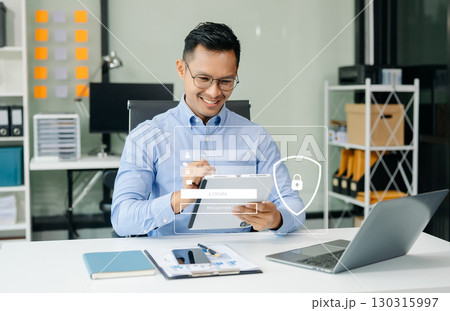 Cyber security concept, Login, User, identification information security and encryption, secure access to user's personal information woman using smart phone 130315997