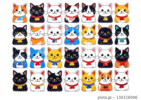 A set of various adorable cat and kitten cartoon characters in many colors. Cute pet illustration collection isolated on a white background. A set of various adorable cat and kitten cartoon characters in many colors. Cute pet illustration collection isolated on a white background. 130316006