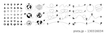 飛行機,地球,グローバル,空港,マップピンのアイコンセット,色々な種類の飛行機シルエット,飛行経路の 130316034