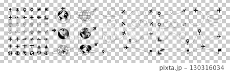 飛行機,地球,グローバル,空港,マップピンのアイコンセット,色々な種類の飛行機シルエット,飛行経路の 130316034