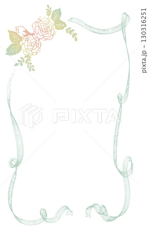 アンティークな手書きのリボンとバラの花_グリーティングカード、お祝い、メッセージ 130316251