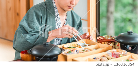 旅館で会席料理を楽しむ若いアジア人男性（部屋食・懐石料理・御膳・贅沢） 130316354