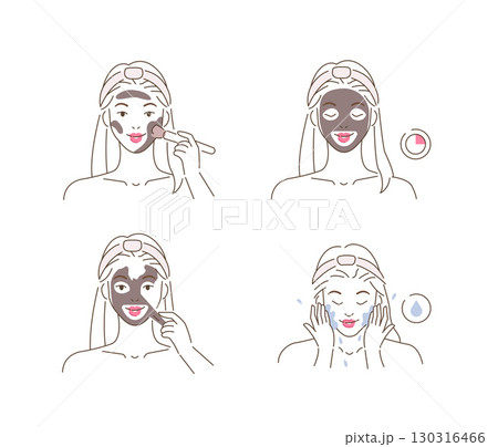 Beauty girl take care of her face and applying facial charcoal mask. Skin peeling procedure. Daily skin care routine 130316466