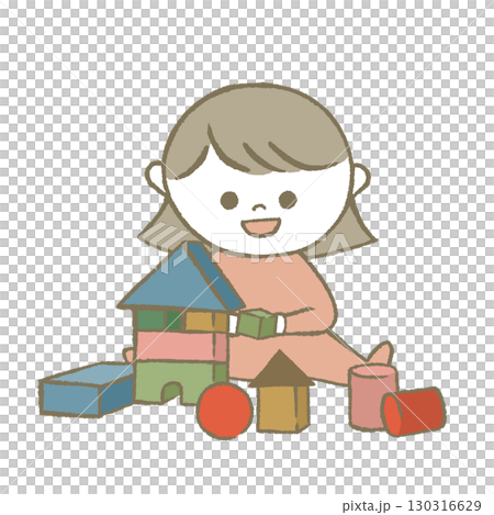 積み木で遊ぶ子供　ピンク 130316629