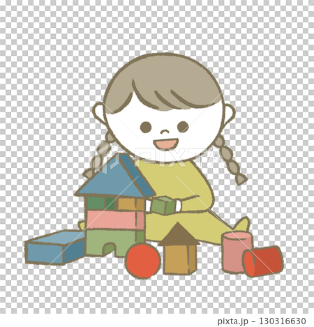 積み木で遊ぶ子供　黄色 130316630