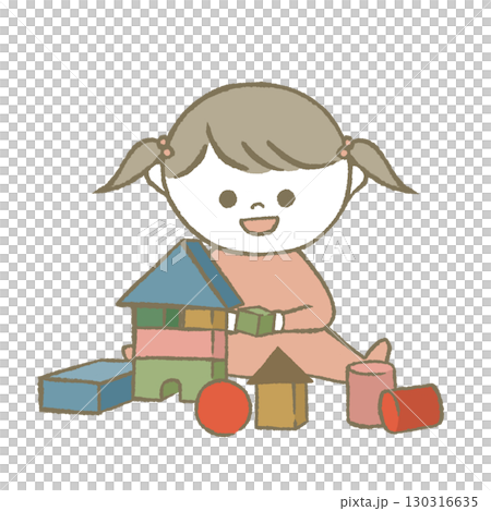 積み木で遊ぶ子供　ピンク 130316635