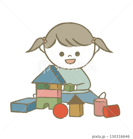 積み木で遊ぶ子供　水色 130316646