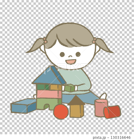 積み木で遊ぶ子供　水色 130316646