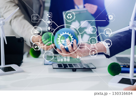 business team people planning and discussing on recycle reduce reuse policy symbol in office meeting room. Green business company 130316684